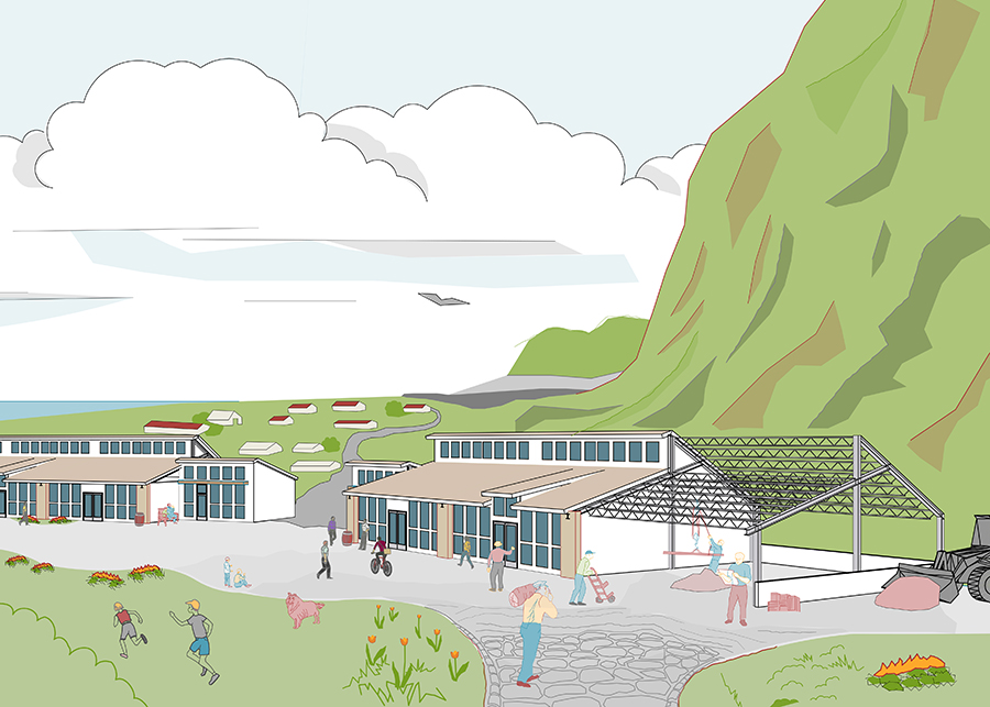 A digital drawing of the commerce center on the island, solar-paneled buildings, and wind farms can be seen 
